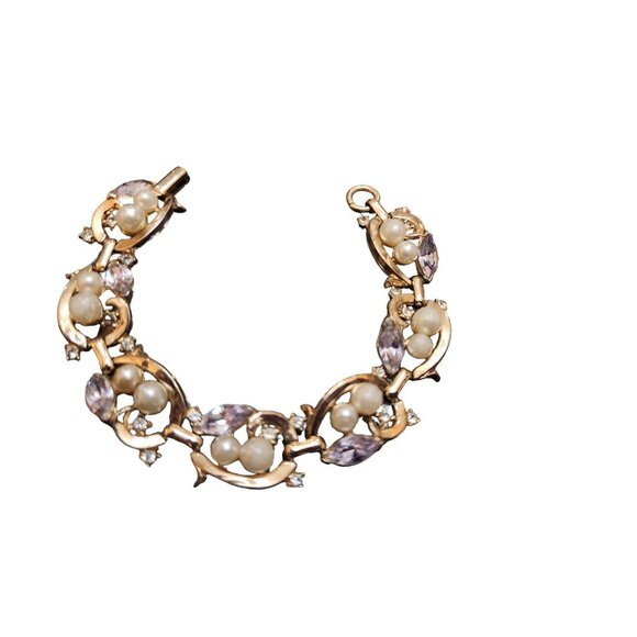 Vintage Signed Trifari Pearl & Rhinestone Bracelet (A2501) - Picture 2 of 4